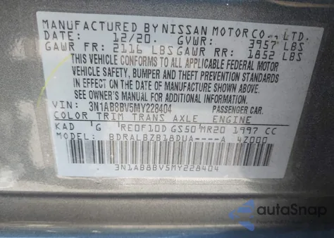 2021 Nissan Sentra S Xtronic Cvt z USA, uszkodzony, nr VIN 3N1AB8BV5MY228404